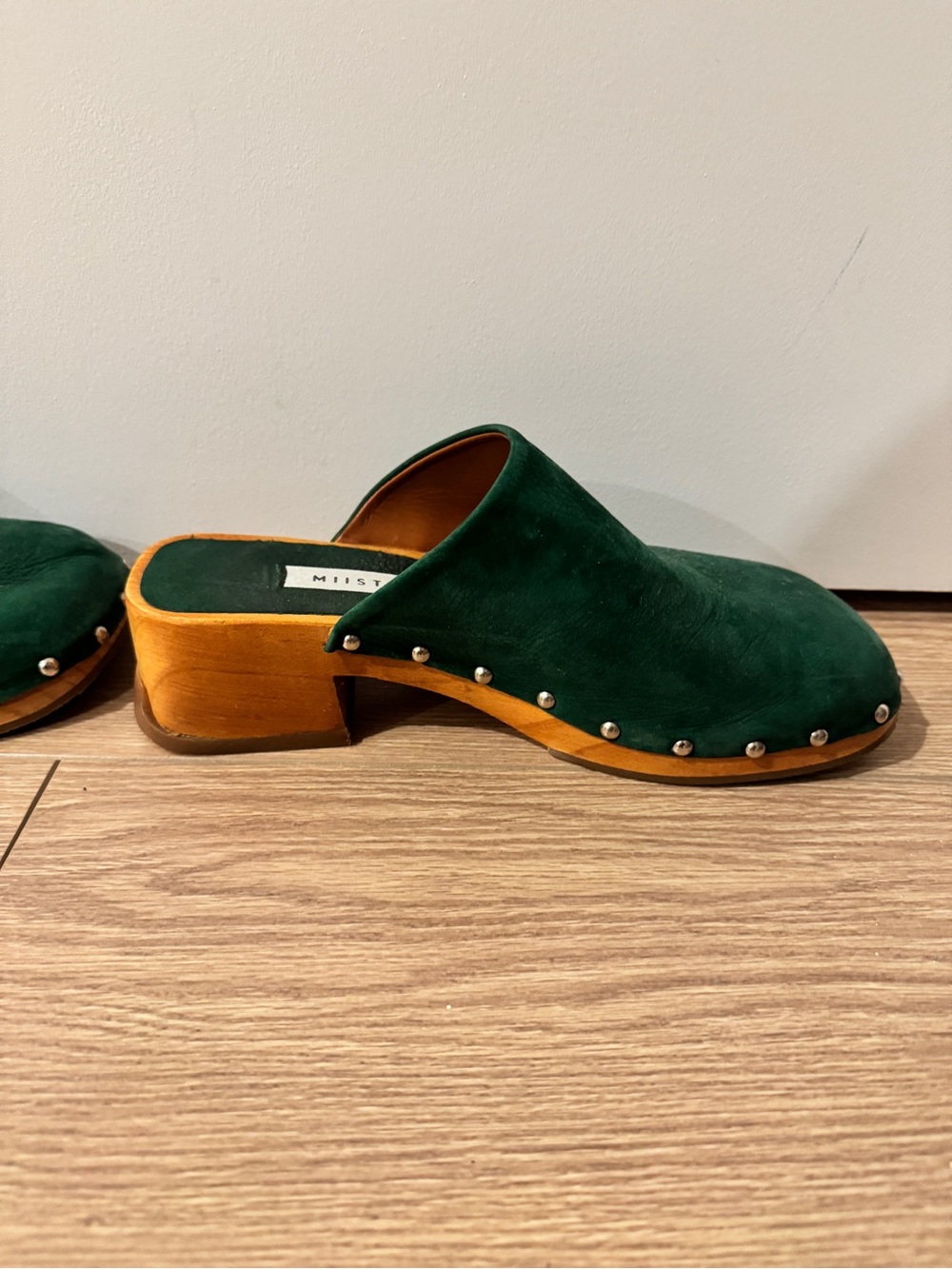 Miista Green Leather Studded Wooden Clogs - Picture 2 of 6